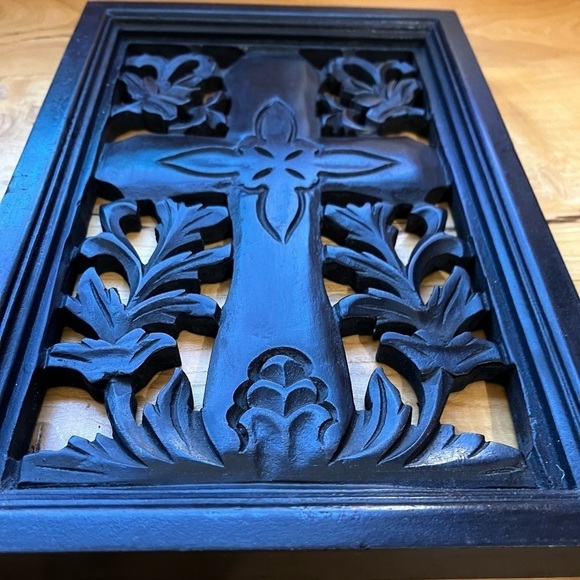 Hand-Carved Wood Panel Cross Dark Brown / Black Scandinavian Style Wall Hanging - Picture 3 of 8